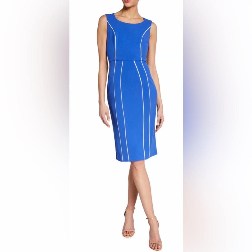 New! Donna Morgan blue piping sheath sleeveless dress, size 6